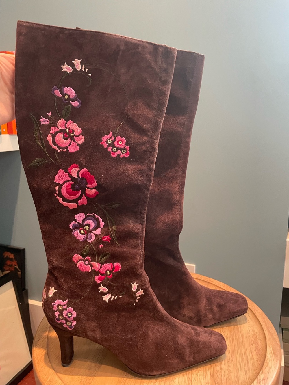 DVF Suede Knee-High Boots with Pink Floral Embroidery 9W